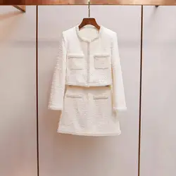 Luxury Spring Autumn Pearls Tweed Two Piece Set Women's Jackets Short Dress Suits 2pcs Outfits White Suit Coats Mini Dresses