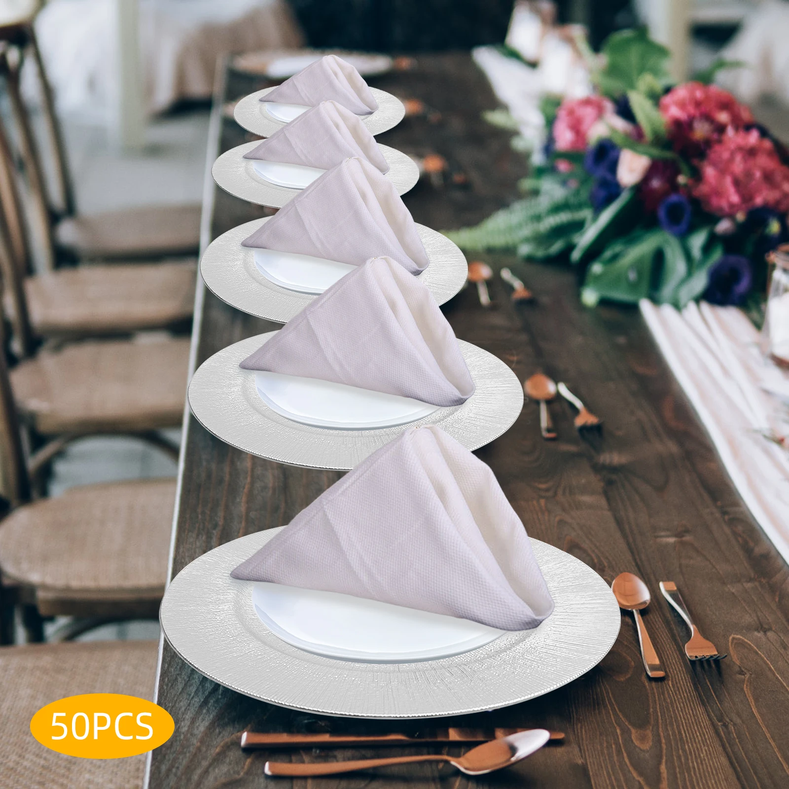 

50 Pieces Charger Plates ,13" Round Charger Plates, Wedding Dinner Elegant Silver for Table Setting Party banquets Event Decor