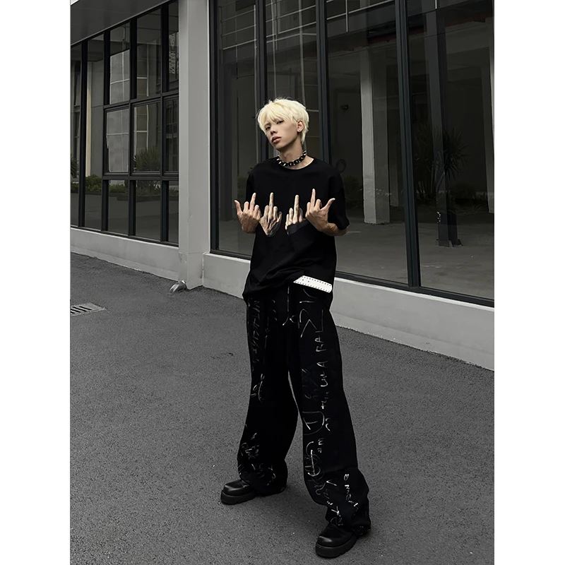 

American Hiphop fiti Men's Straight Leg Wide Leg Jeans High Street Design Sensation Youthful Trendy Long Pants Polyester ...