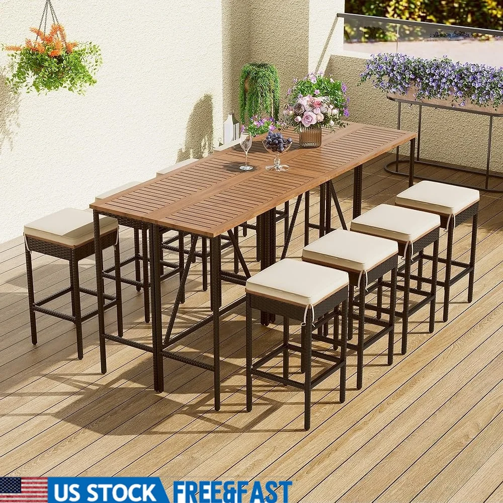 

10-Piece Patio Dining Set Acacia Wood PE Rattan Wicker Foldable Table 8 Stools Cushions Non-Slip Adjustable Height Outdoor