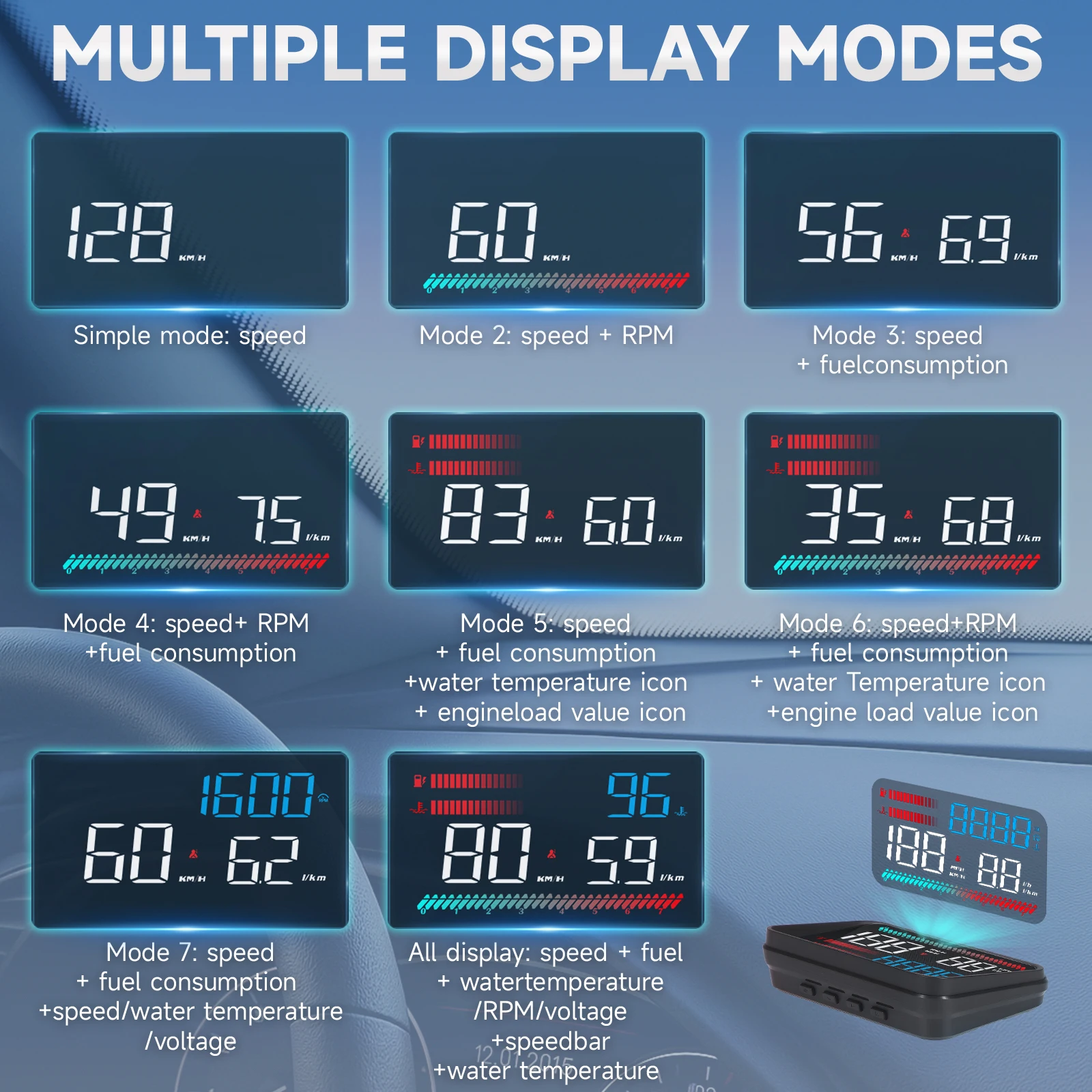Digitaler Tachometer P16 OBD2 HUD TFT LCD Farbdisplay Head-Up-Display Drehzahlmesser Spannung Turbodruck Öltemperatur Zeitanzeige für Autos – Detail 4