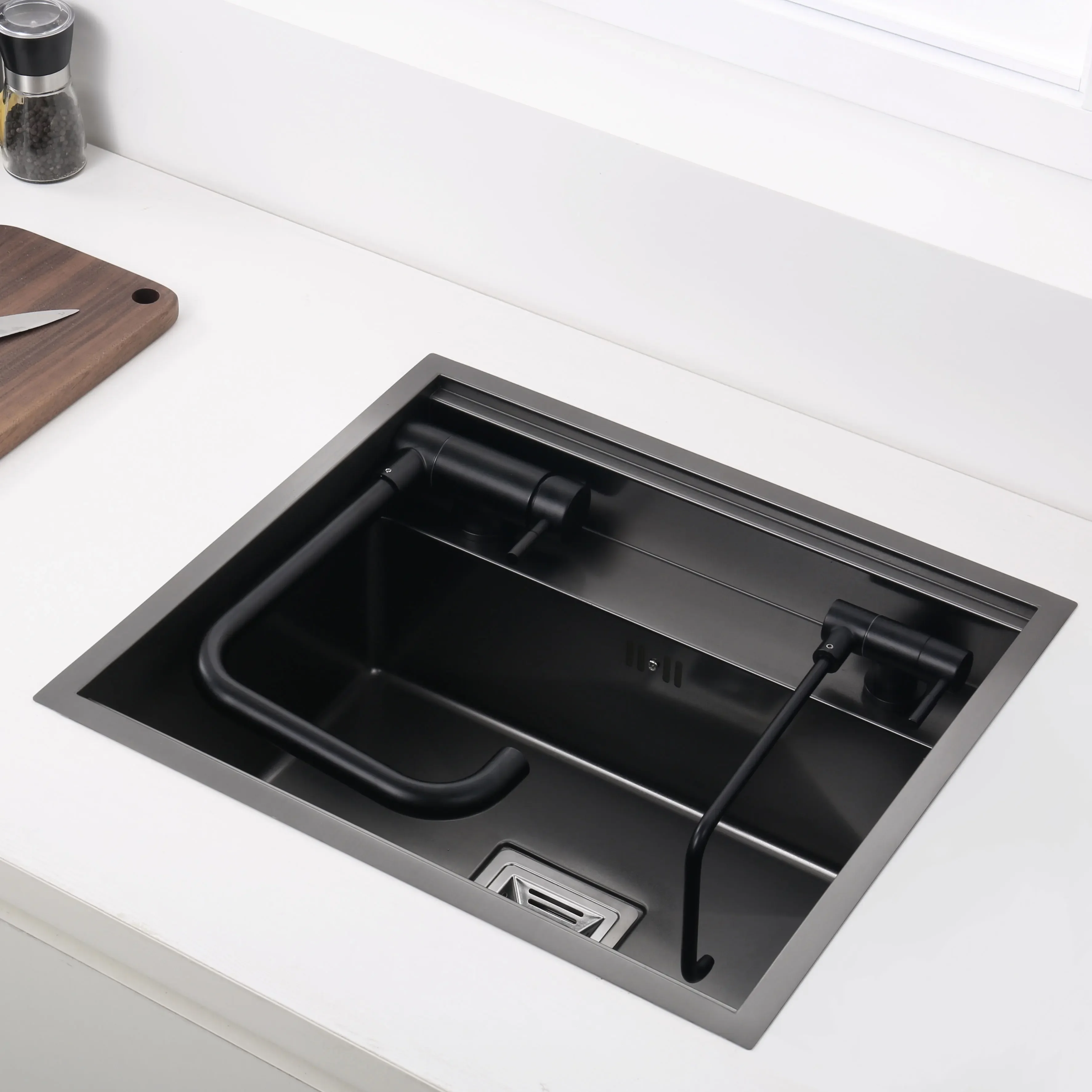 

Hidden Black Kitchen Sink Bowl Bar Stainless Steel Balcony Sink Concealed Black Bar Sink with Clean Water Tap Open Kitchen