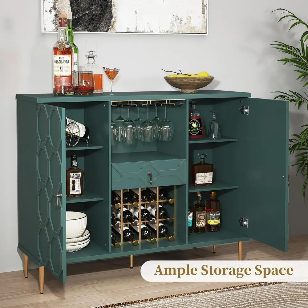 Green Geometric Door Sideboard with Wine Glass Racks and Shelves for Dining, Living, and Kitchen Areas