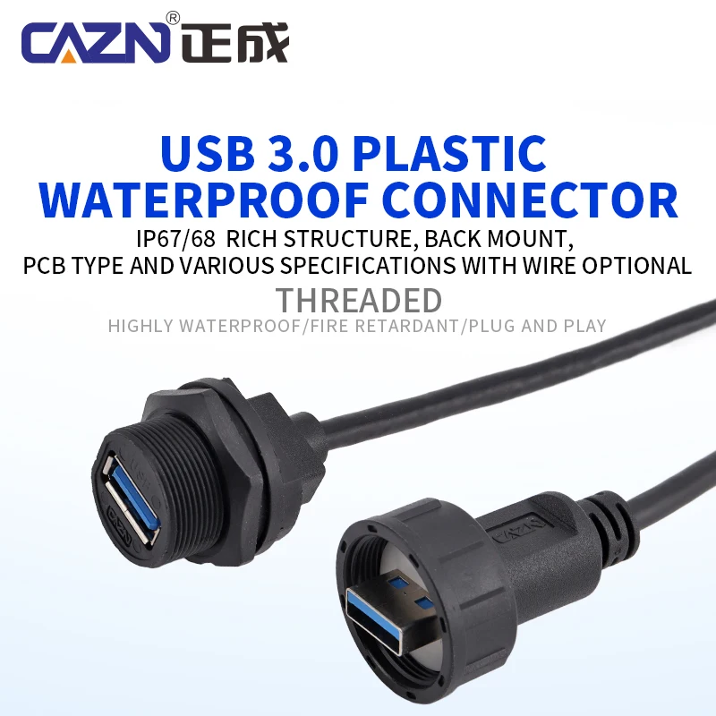 CAZN USB3.0 Female to Male Back Mount FPC Receptacle Threaded Waterproof IP67 IP68 for Electronic Components