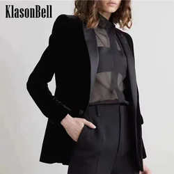 10.10 KlasonBell Women Clothes Temperament Shoulder Pads Velvet Single Button Blazer Lapel Spliced Color Commuter Jacket