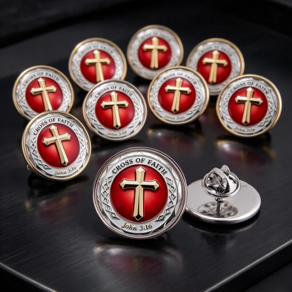 6/12/20 Pcs 2DFLAT Cross of Faith Lapel Pin, John 3:16 Religious Printed Stainless Steel Brooch, Vintage Art Badge for Wear Gift