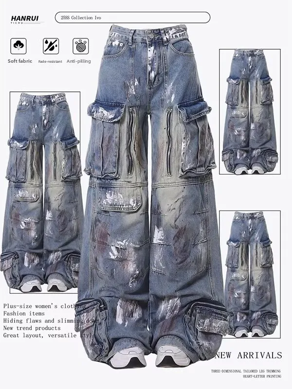 

Large Size Vintage Workwear Denim Pants Women's Autumn New Sle Multi-ket Straight Leg Wide Leg Pants Versatile Casual Jeans