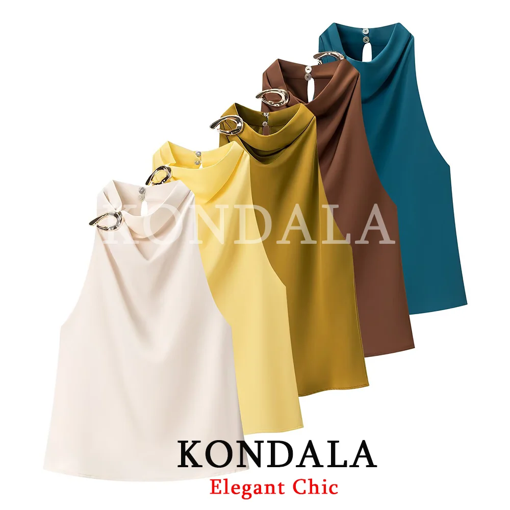 KONDALA Damen Trendige Urlaubstopps Neckholder Ärmellos mit Reißverschluss und Knöpfen Neue Mode 2026 Frühling Sommer Party Strand Niedliches Damen-Top