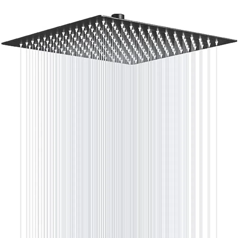 

Bathroom ceiling or wall mount rain shower head: high pressure, black 16-inch square, 304 stainless steel rainfall showerhead w
