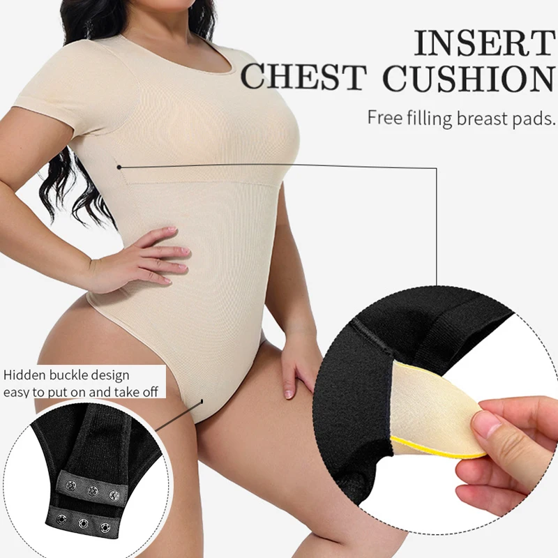 GUUDIA Built in Bra Open Crotch Round Neck Seamless Elastic Tummy Control Women Short Sleeve Thong Bodysuit Workout Jumpsuit Top