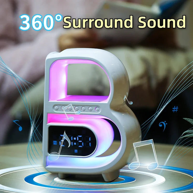 Big B Bluetooth 5.3 Speaker Wireless Charging Clock Speaker Table Lamp Bedroom Colorful Atmosphere Light Bedside Lamp