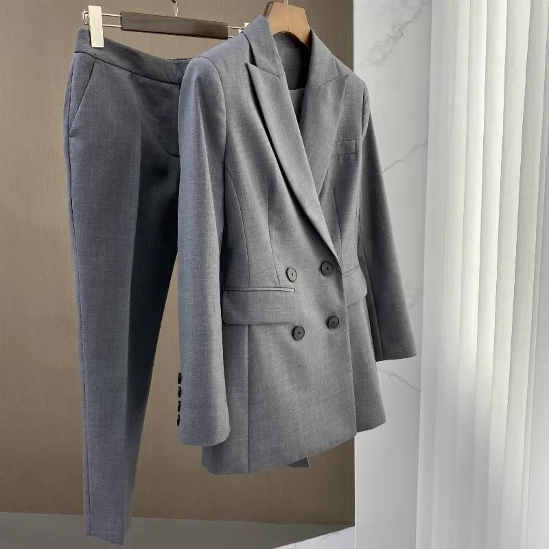 Women Spring Blazer Pantsuits Double-sided Yarn-dyed Long Sleeve Gray Pants Set Professional Wear Slit High Quality Formal 2024