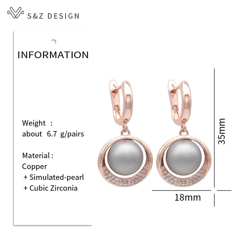 S&Z DESIGN New Fashion Round Simulated-pearl Dangle Earrings For Women Wedding 585 Rose Gold Color Cubic Zirconia Jewelry