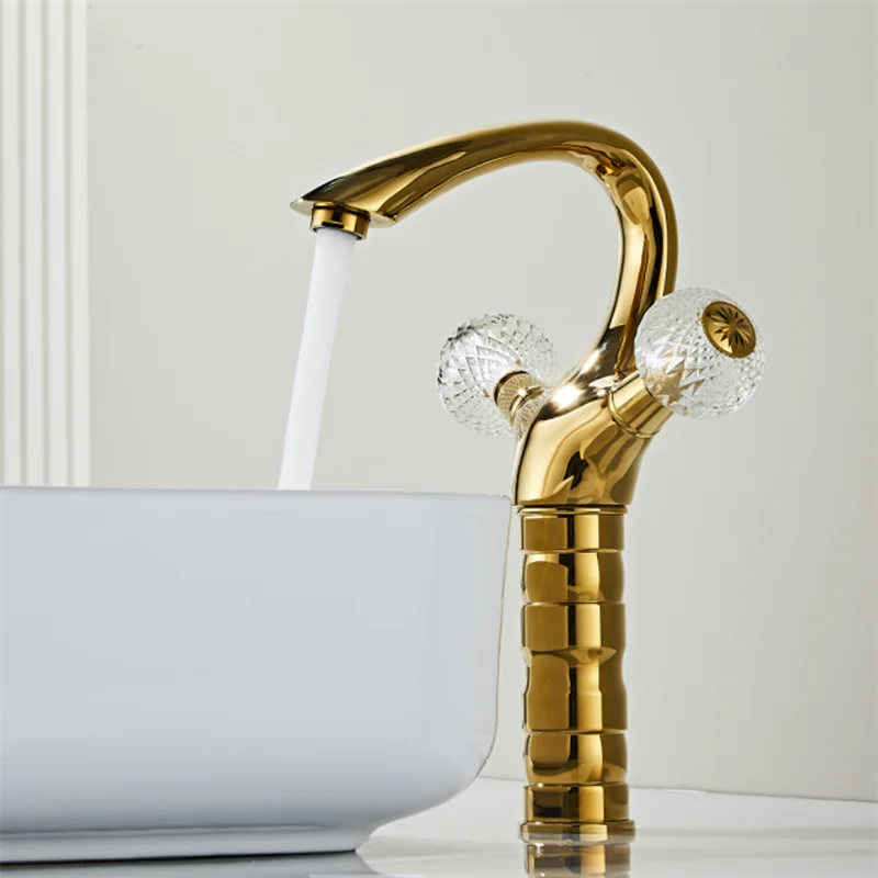 

Золотой высокий смеситель для ванной комнаты, латунный смеситель для раковины, для холодной и горячей воды, с двумя ручками, настольный, для умывальника