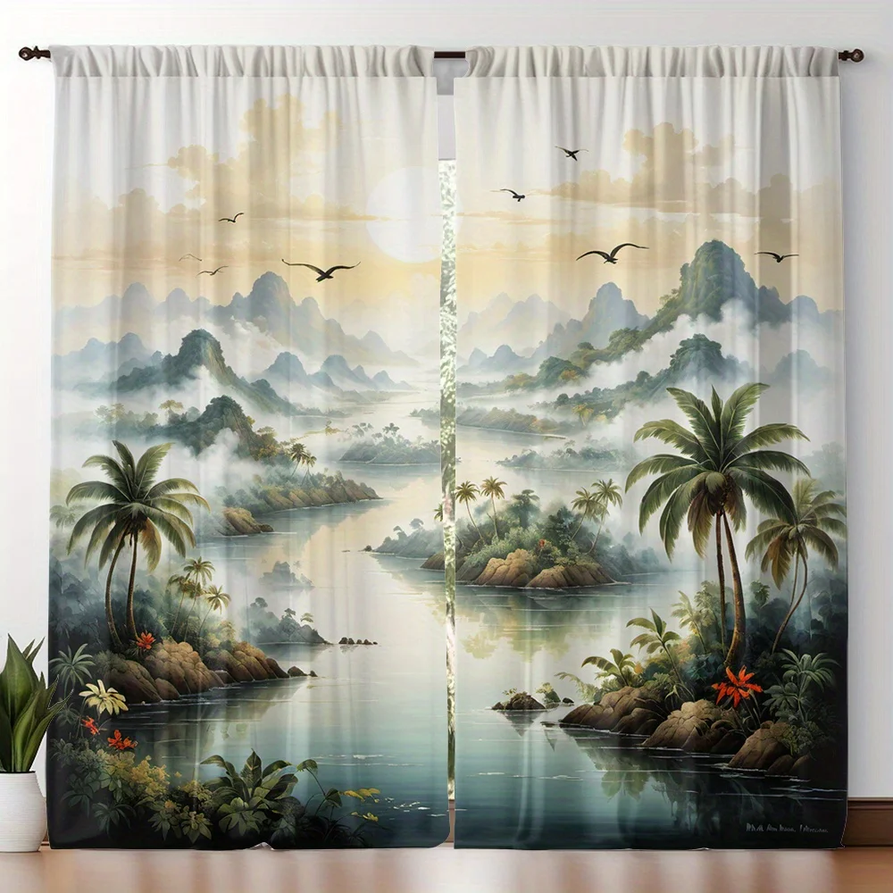 Tropical River Landscape Curtains Set of 2 Rod Pocket Semi Sheer for Living Room Bedroom Decor