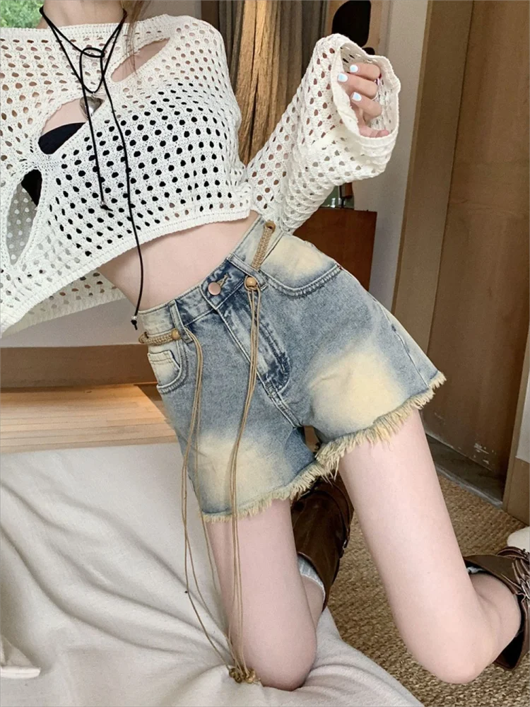 Retro Streetwear Women Jeans Shorts Korean Tassel Loose Female A Line Pants American Girly Fashion Casual Shorts New