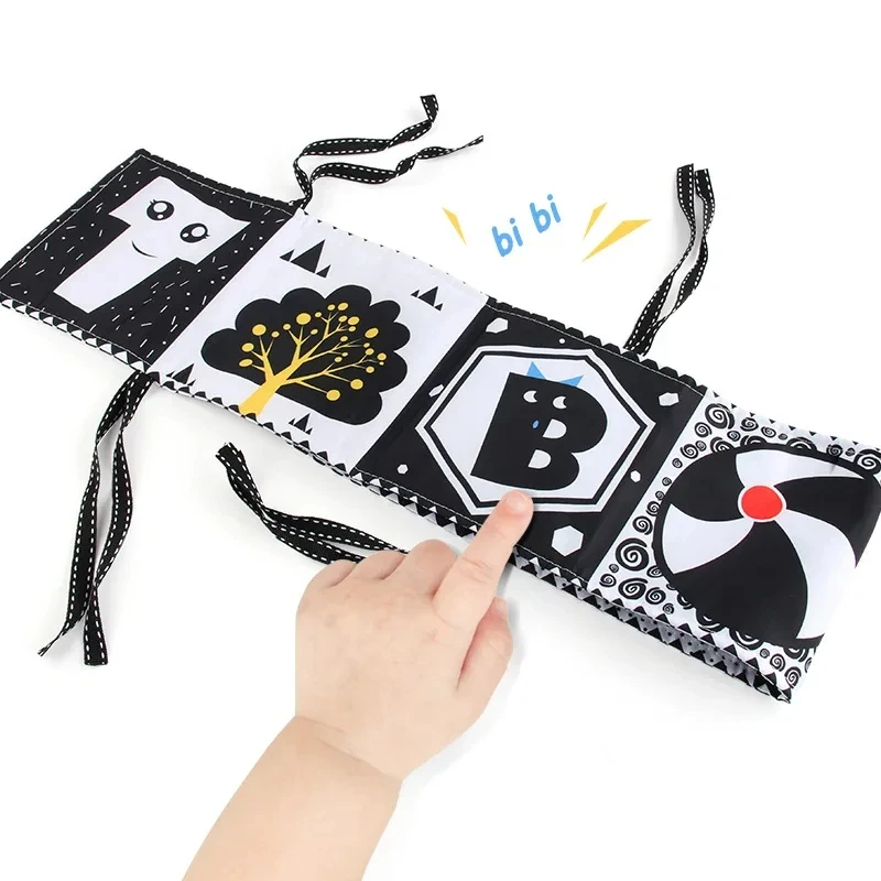 Livro de pano sensorial para bebê recém-nascido, brinquedos montessorianos, alto contraste, preto e branco, desenvolvimento de berço, 0-6 meses