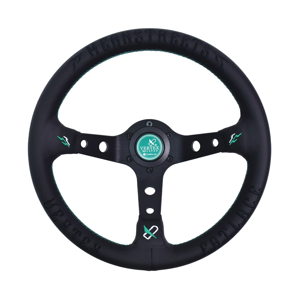 VERTEX 330MM Double-Sided Embroidery Sports Steering Wheel Deep Concave Racing Steering Wheel With 6 Hole Green Horn Button