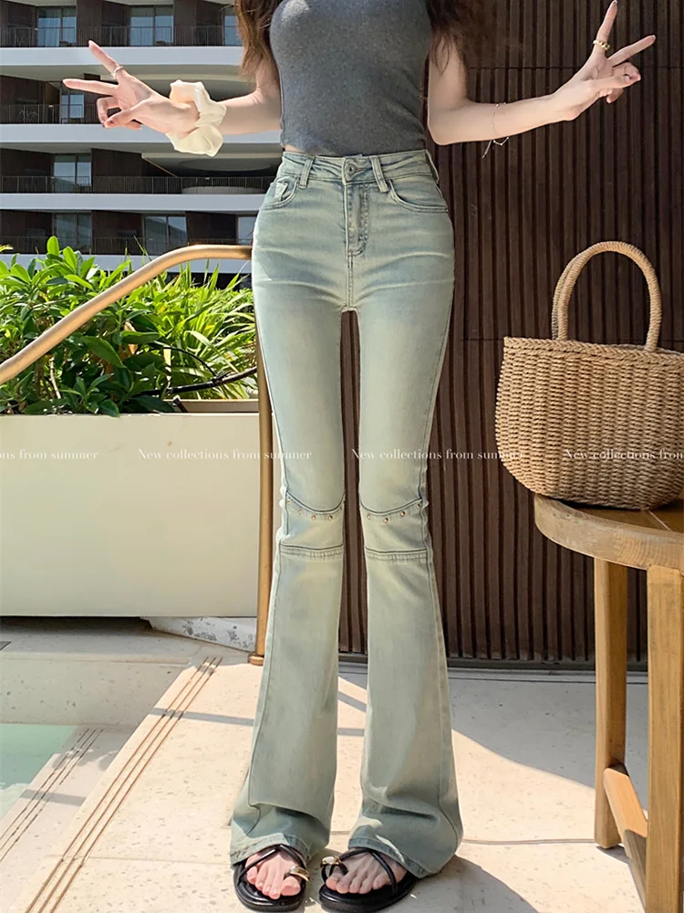 

Benuynffy Vintage Light blue Rivet Mom Jeans For Women 2024 New Y2k Streetwear High Waisted Slim-fit Washed Denim Flared Pants