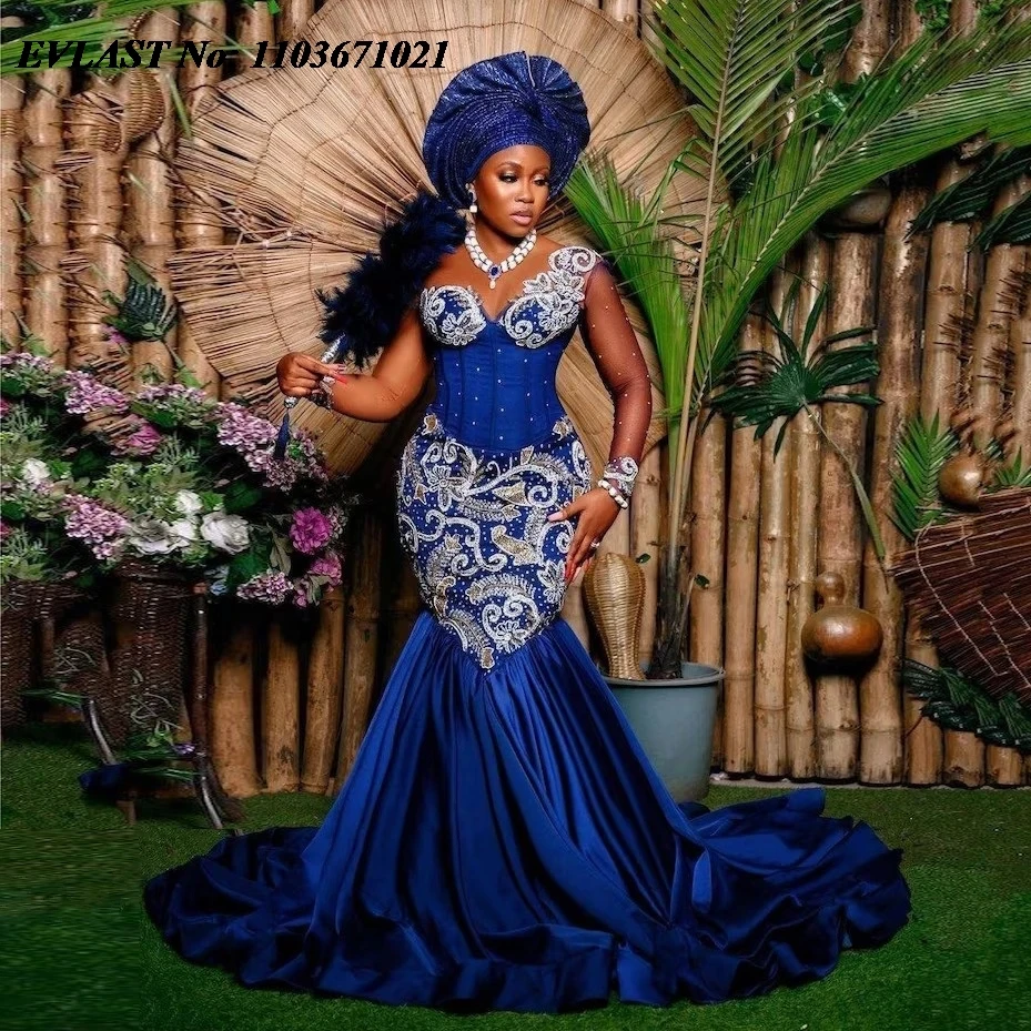 

EVLAST Nigerian Traditional Wedding Reception Dress African Royal Blue Embroidery Lace Prom Dresses Aso Ebi Evening Gowns P169