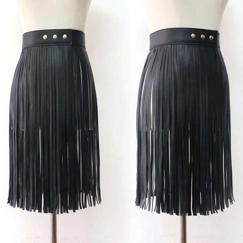 Women Fashion Elegant Black Leather Tassel Skirt Waist Chain Body Jewelry Trend Belt Summer Dress Clothing Girl 35CM 50CM 70CM