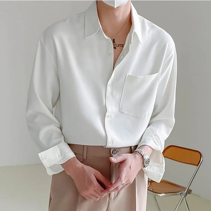 Spring Autumn Trendy Fashion High-end Male Blouse Long Sleeve Simple Casual Chic Shirt Loose Drape Solid Color All Match Top Men