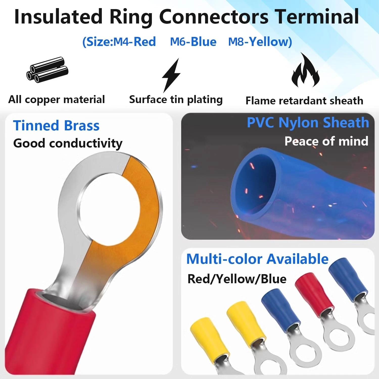 80 Stück Ringkabelschuhe, isolierte O-Ring-Crimpverbinder – M4, M6, M8, 22-16/16-14/12-11AWG Gauge, elektrische Crimpklemme, PVC – Detail 2
