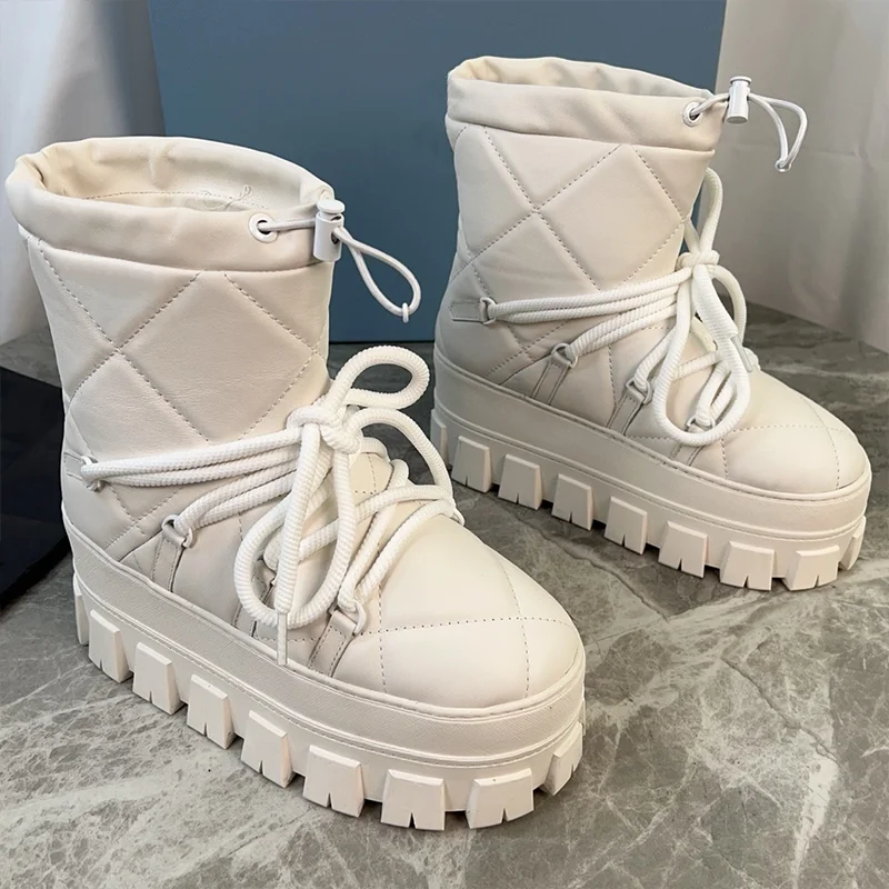 

Top quality Women's Leather upper + wool lining solid-color thick-soled lace-up snow boots with anti-slip rubber sole 25090845