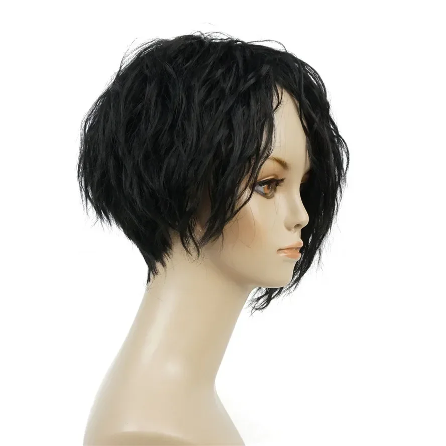 StrongBeauty African American Wigs Asymmetric Inclined Bangs Black Short Curly Bob Natural Synthetic Full Wig