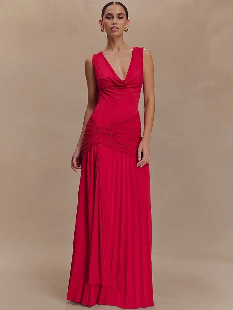 

Deep V Neck Skinny Sexy Maxi Dress For Women Fashion Sleeveless Thigh Split High Waist Ruched Pleated Club Party Dress 2025 New