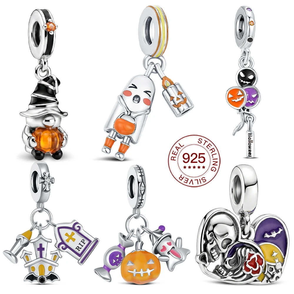 925 Sterling Silver Halloween Dangle Charm Pumpkin Ghost Witch Tombstone Skull Heart Pendant Charms Fit Snake Bracelet
