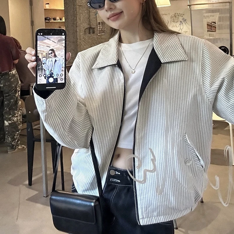 

Streetwear Striped Jacket Women Fashion Harajuku Patchwork Coat Autumn Ladies Korean Long Sleeve Zipper Casual Design Outerwears