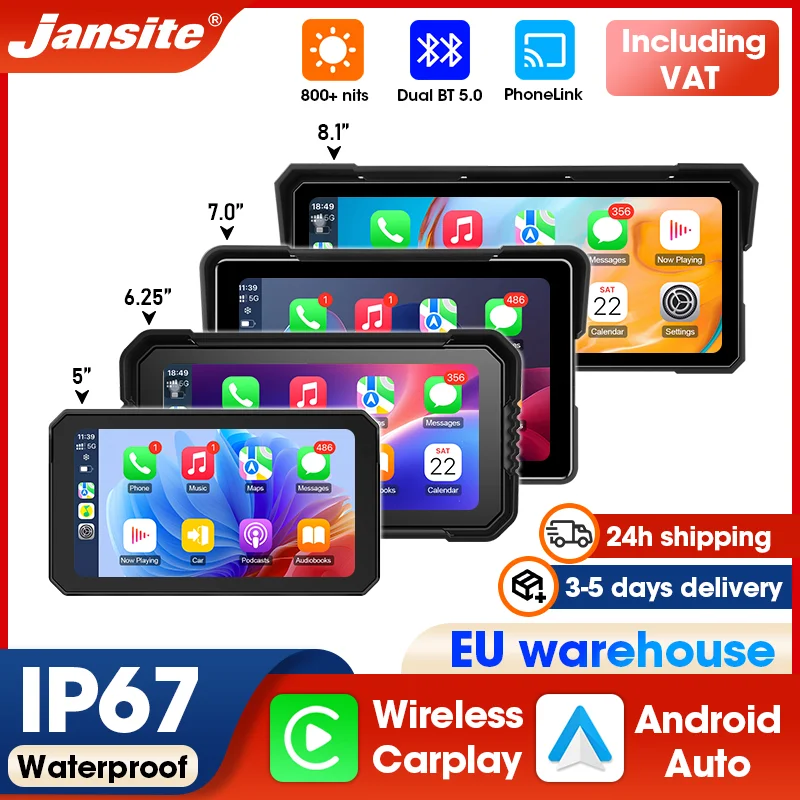 Jansite Moto Carplay Android Auto GPS pour la navigation moto, écran étanche IP67, écran numérique portable pour tableau de bord de moto, double Bluetooth 5.0, interphone WIFI, accessoires pour moto