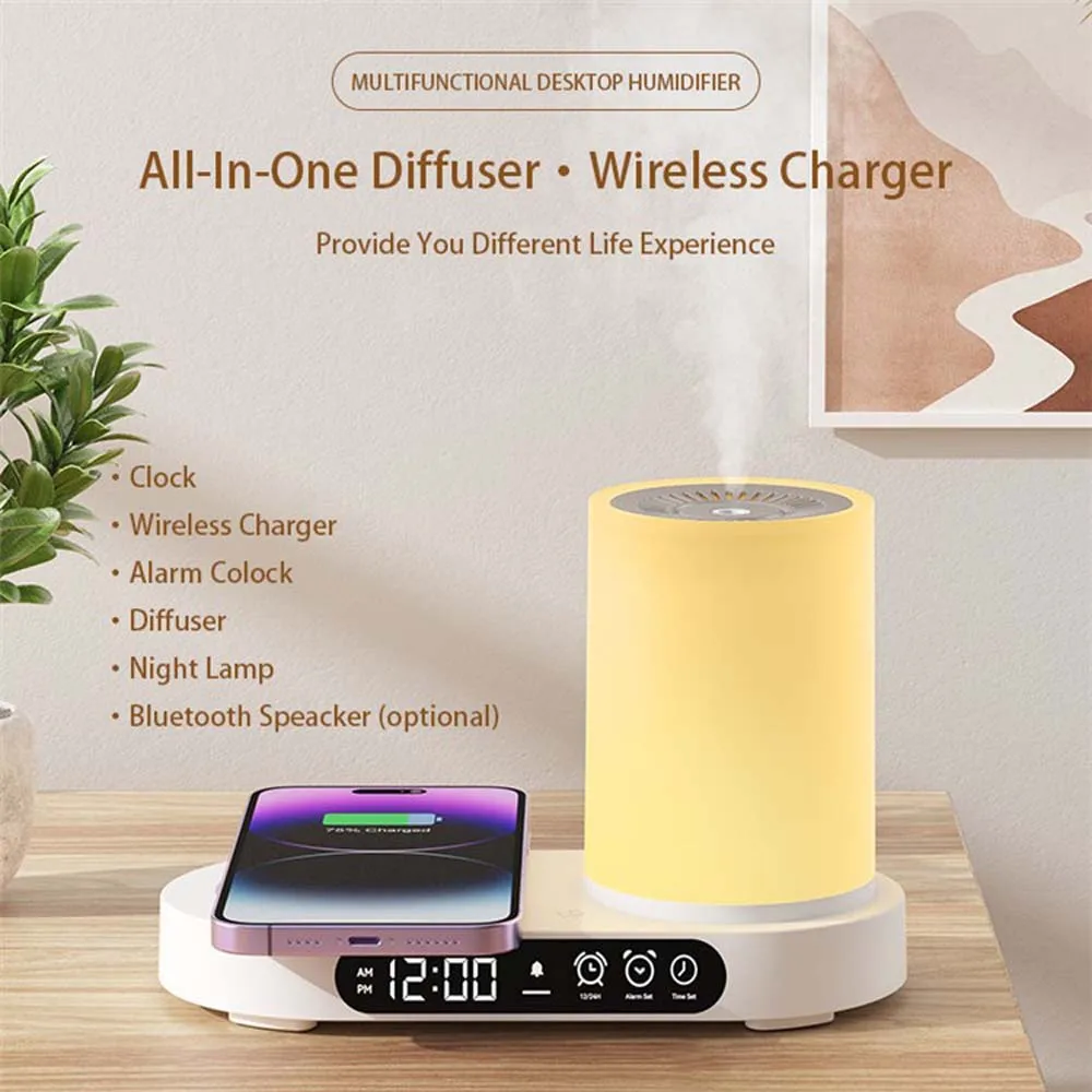 Bedside Lamp Magsafes Charging Station Multi-function Humidifier Color Led Night Lamp Bluetooth Speaker Clock Home