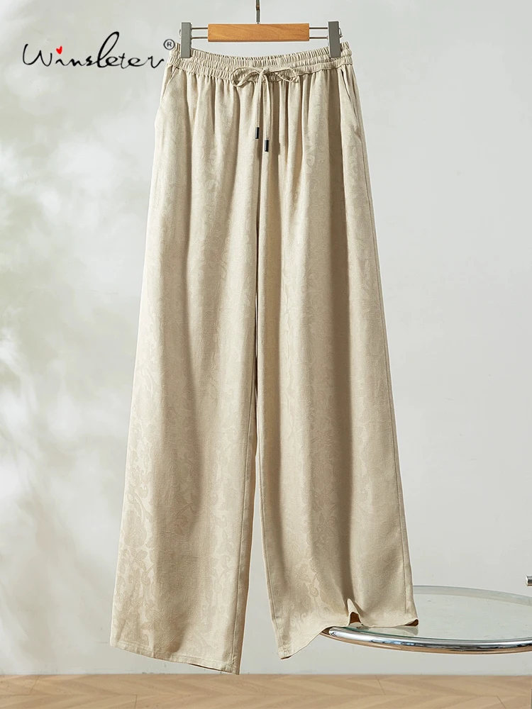 

Winsleter-Women 100%Real Silk Elegant Trousers, Elastic Waist Jacquard, Retro Casual Loose Wide Leg Pants, 2025 Summer B56306CC