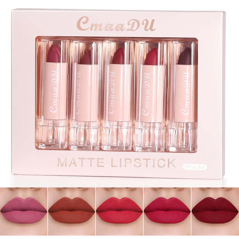 Cmaadu Lippenstift Set Lippenstift Lippenstift Matte Hydraterende, Langdurige Makkelijke Make-Up Natuurlijke Gezondheid 5 Stuks Pak 1 Doos