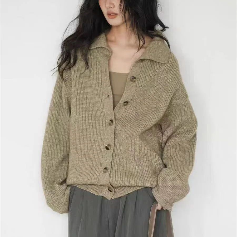 

Solid Color Striped Sweater Women Vintage Turtleneck Korean Fashion Knit Button 2025 Autumn Winter Loose Oversized Cardigan Top