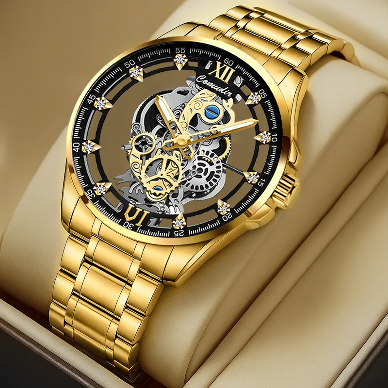 

Стильные и простые изысканные двухсторонние кварцевые часы со скелетом и золотым стальным ремешком для мужчин