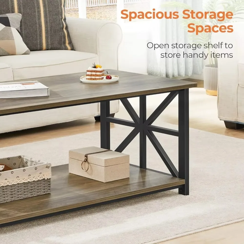 Coffee table with rounded corners, farmhouse style center table with storage shelves, space-saving and easy to assemble