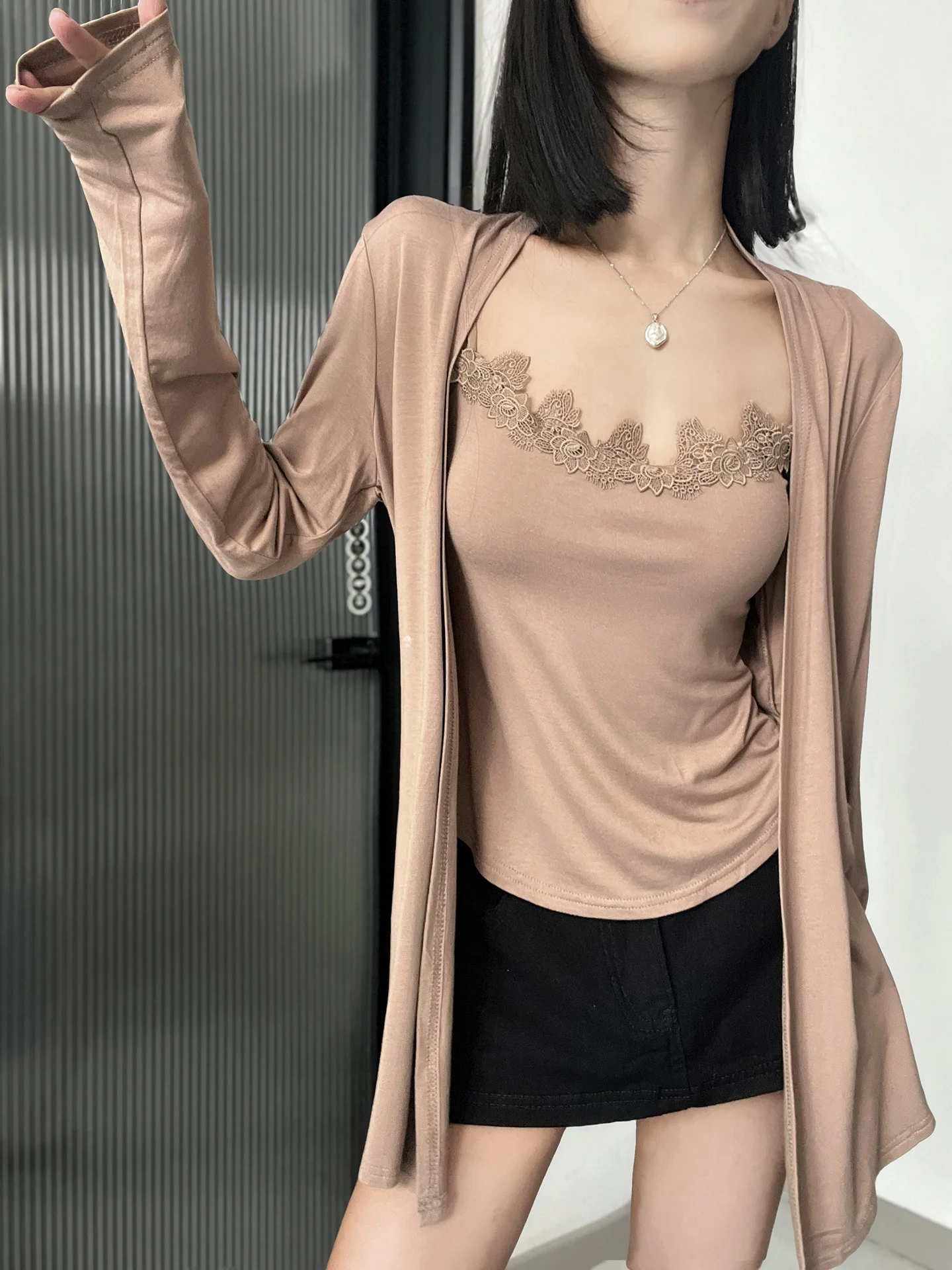 Sexy Pure Desire Spicy Girl Lace Trim Tube Top Women's Knitted Cardigan Shoulder Shawl UV Protection Two-Piece Set Autumn New...