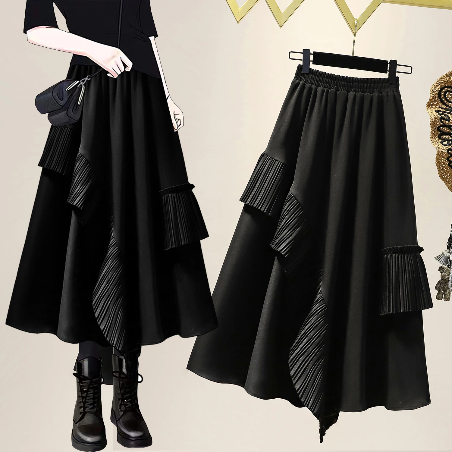 

2023 New Arrival Summer Women Casual Loose Elastic Waist A-line Ruffles Patchwork Asymmetry Mid-calf Pleated Skirts V409