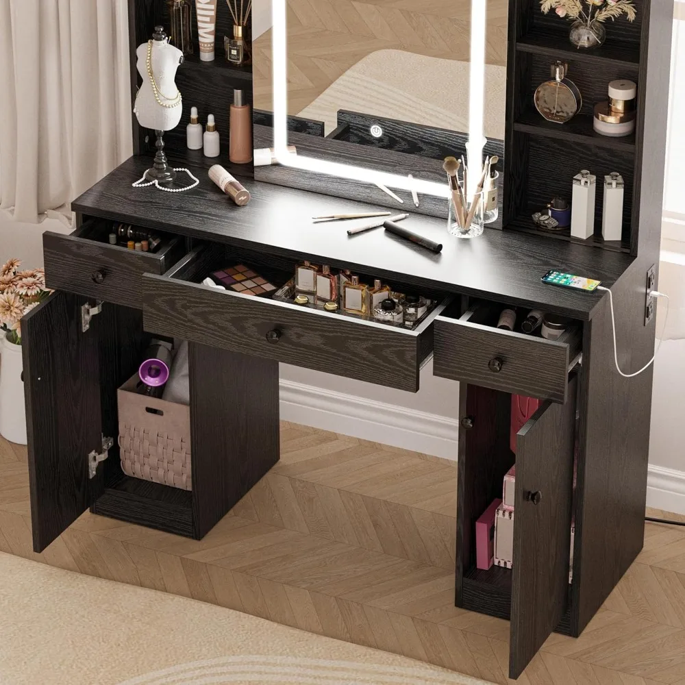 IRONCK Vanity Desk Set with Large LED Lighted Mirror & Power Outlet, 7 Drawers Vanities Dressing Makeup Table with Storage Bench