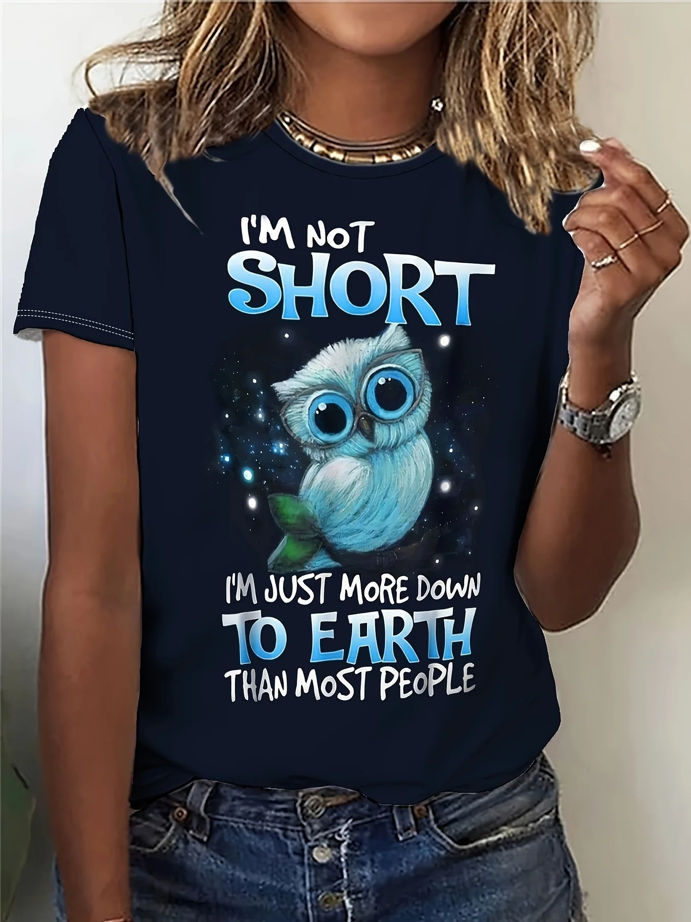 I'm Not Short Down To Earth Women's Tee - Cute Owl Graphic, Funny Quote Print for Casual Daily Wear