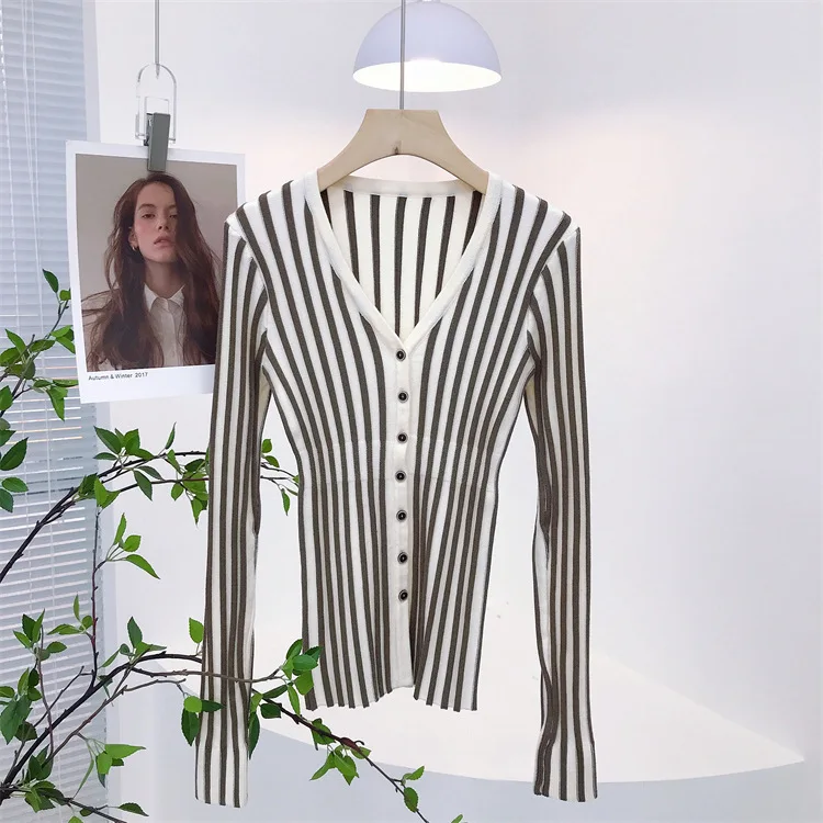 6869 Schlankheitsdecke ~ Frühlingsneues modisches V-Ausschnitt-Vertikalstreifen-Farbblock-Taillen-Schlankheits-Cardigan-Innenbekleidungsoberteil
