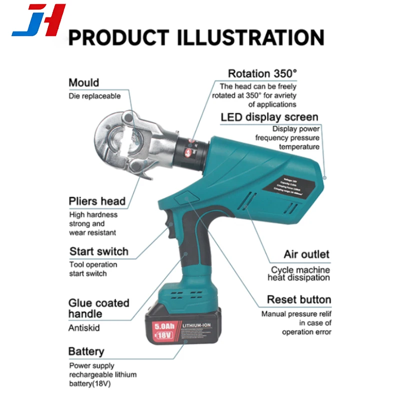 Battery Powered Crimping Tool 16-300mm² 18V 5Ah LED Display 350° Rotating Head Manual Reset Die Set for Copper Terminal Lug
