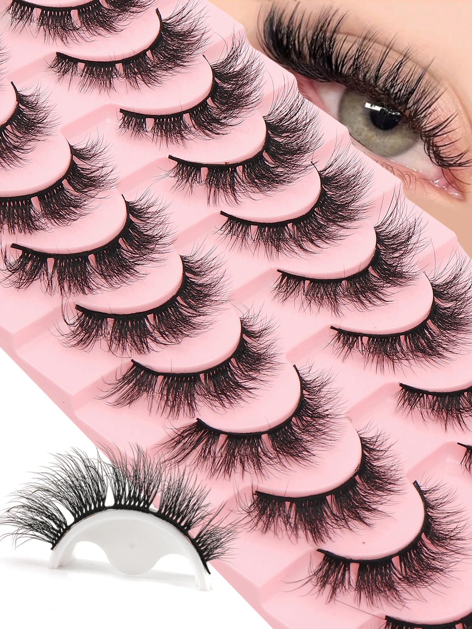 10 Pares Pestañas Postizas Aladas Estilo Ojo de Gato, Pestañas 3D Esponjosas y Delicadas de Pelaje Sintético Tipo Mink, Pestañas en Tira con Rizado D y Longitud Gradual, Banda Transparente y Suave, Cómodas y Reutilizables, Ideales para Maquillaje Diario,