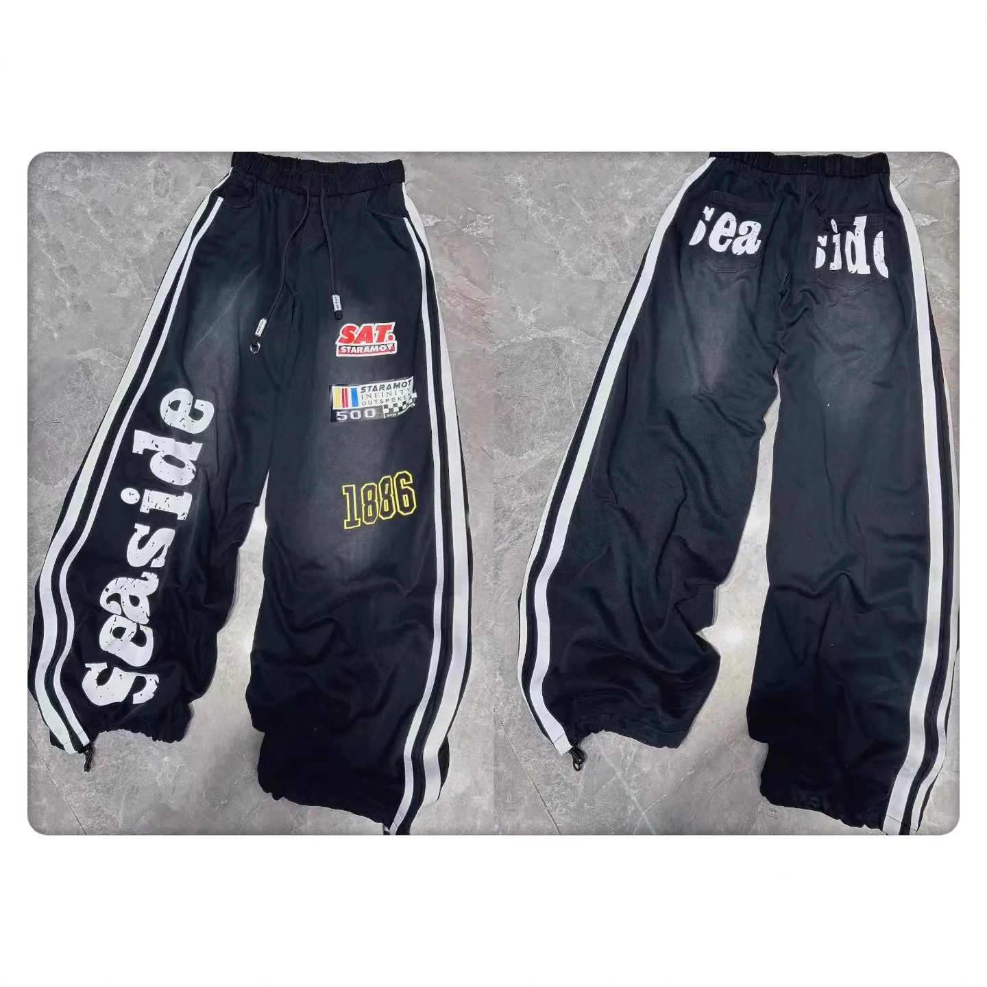 

European Style Casual Pants for Women 2025 Autumn New Personality Letter Print Patchwork Denim Drawstring Wide-Leg Long Pants