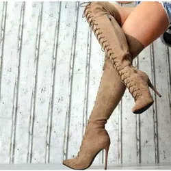 Autumn Winter Boots For Women Over-the-Knee Cross Tied Flock 12CM Thin High Heels Cool Boots Concise Women Shoes Apricot