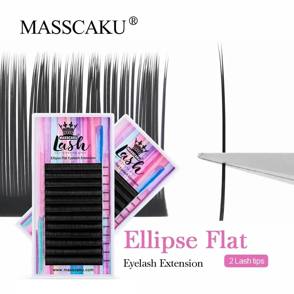 MASSCAKU 두 개의 분할 팁 매트 블랙 슈퍼 소프트 젠틀 천연 속눈썹 연장 가짜 밍크 타원형 플랫 모양 속눈썹 용품