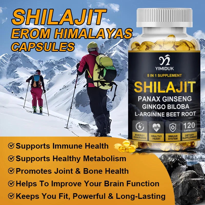 Yimiduk Pure Vegan Shilajit Capsules with Ginseng & 55% Fulvic Acid For Immunity Men Energy Supplement Physical Performance